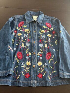 Vintage Womens Quacker Factory Garden Floral Colorful Denim Jacket Size L